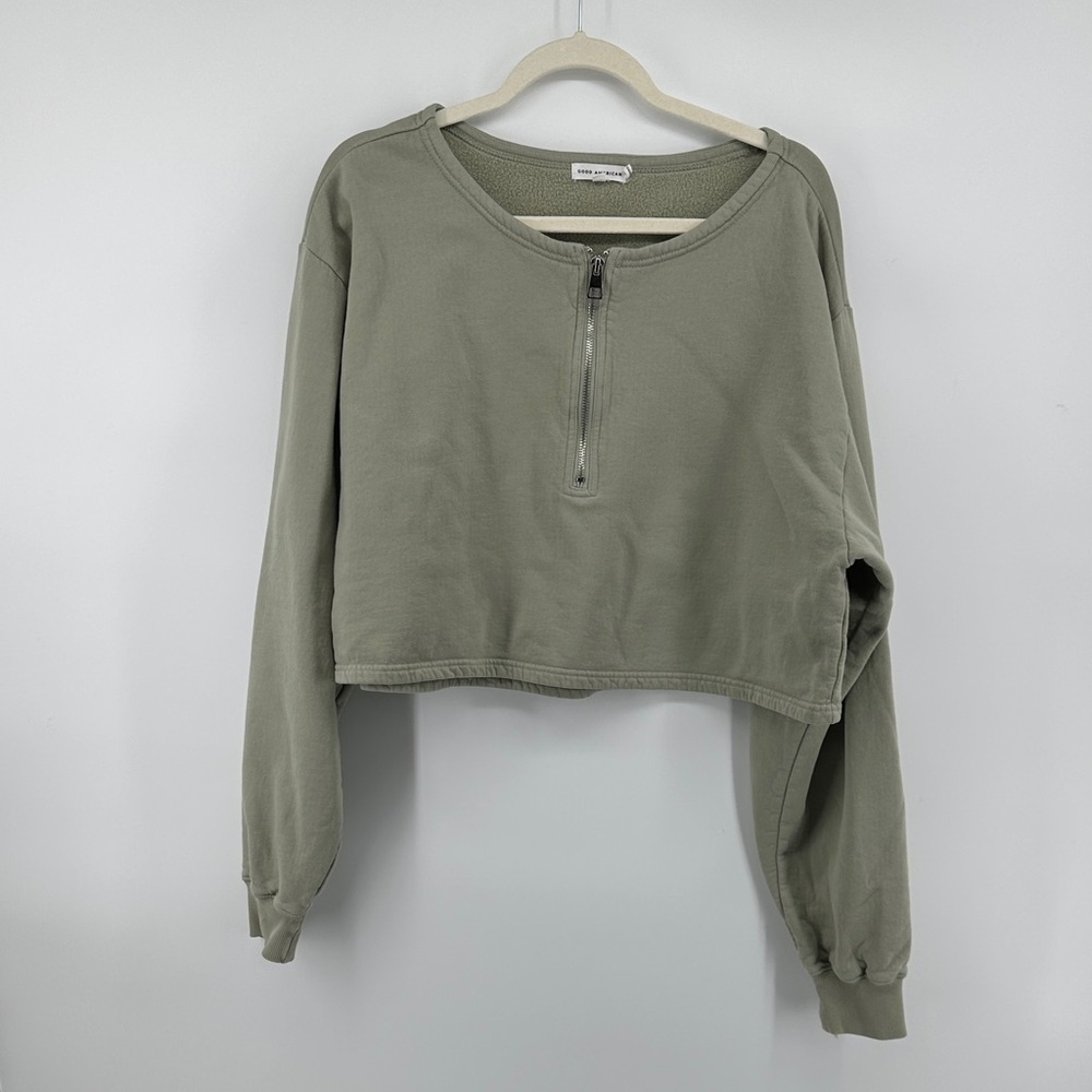 Good American Relaxed Half Zipper Olive Green Cropped Sweatshirt SZ 3